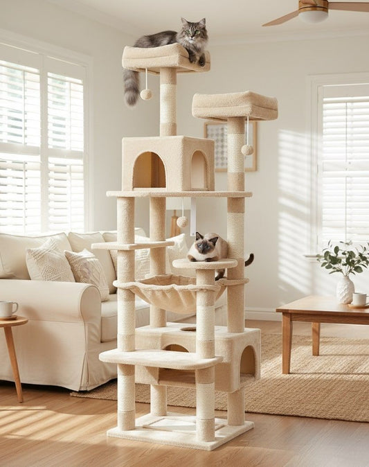 180cm Indoor Cat Tree Tower with Plush Perches & Dual Condos - Beige-1