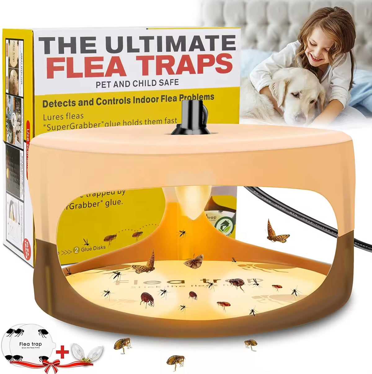 Flea Killer Trap with 2 Glue Discs Pad Bed Bug Trap Light Bulb Safe for Children Pet Dog Cat Best Control for Home House Inside