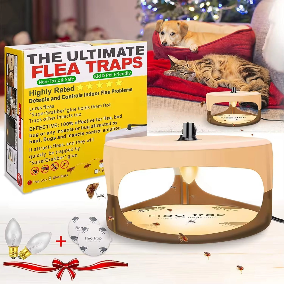 Flea Killer Trap with 2 Glue Discs Pad Bed Bug Trap Light Bulb Safe for Children Pet Dog Cat Best Control for Home House Inside