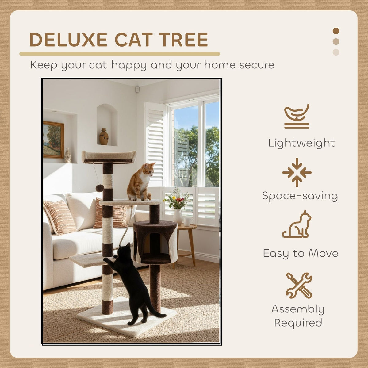 140cm Indoor Cat Tree with Plush Perch & Scratching Posts - Beige-3