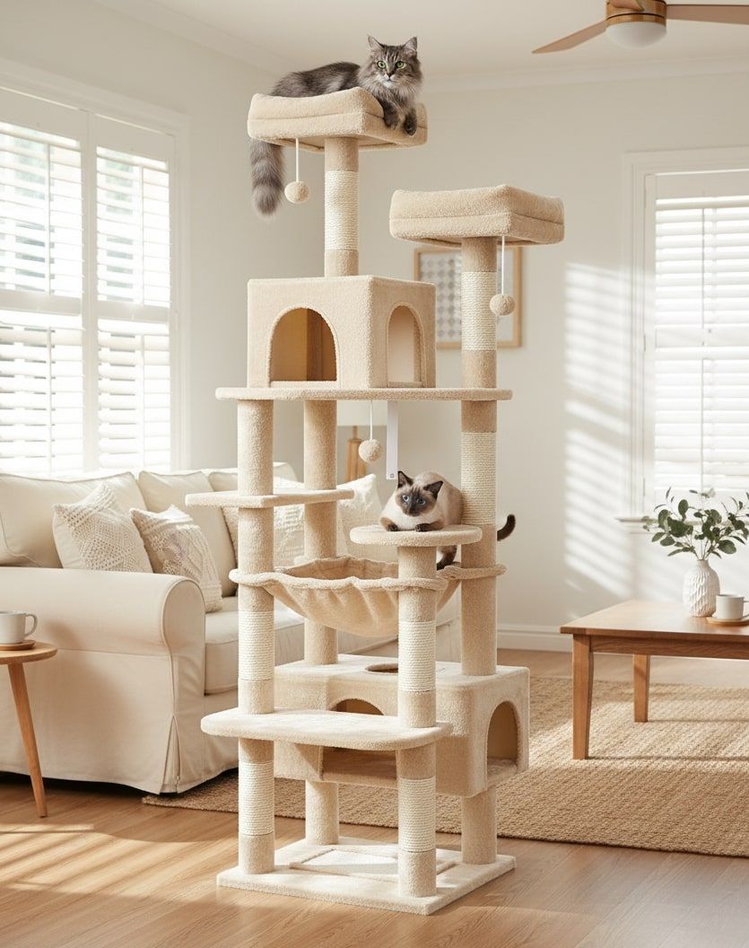 180cm Indoor Cat Tree Tower with Plush Perches & Dual Condos - Beige-1