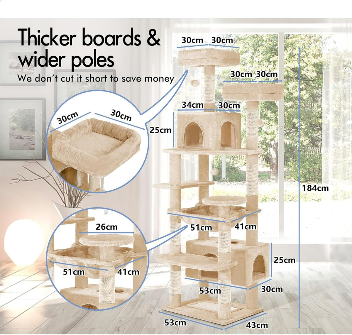 180cm Indoor Cat Tree Tower with Plush Perches & Dual Condos - Beige-2