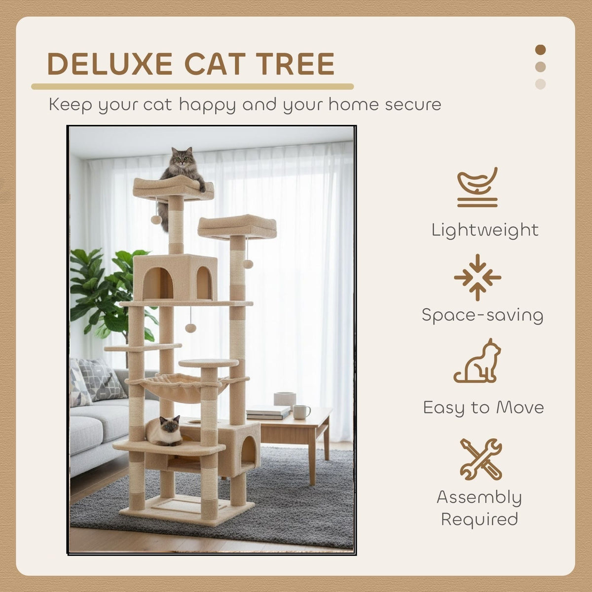 180cm Indoor Cat Tree Tower with Plush Perches & Dual Condos - Beige-3