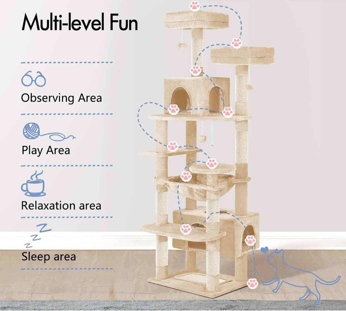 180cm Indoor Cat Tree Tower with Plush Perches & Dual Condos - Beige-4