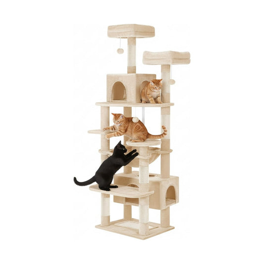 180cm Indoor Cat Tree Tower with Plush Perches & Dual Condos - Beige-0