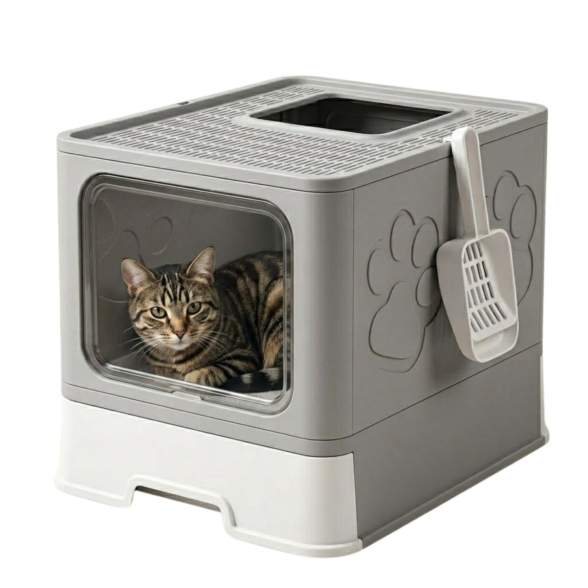 Foldable Enclosed Cat Litter Box with Scoop Grey-0