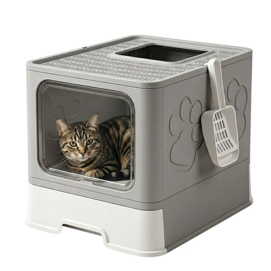 Foldable Enclosed Cat Litter Box with Scoop Grey-0