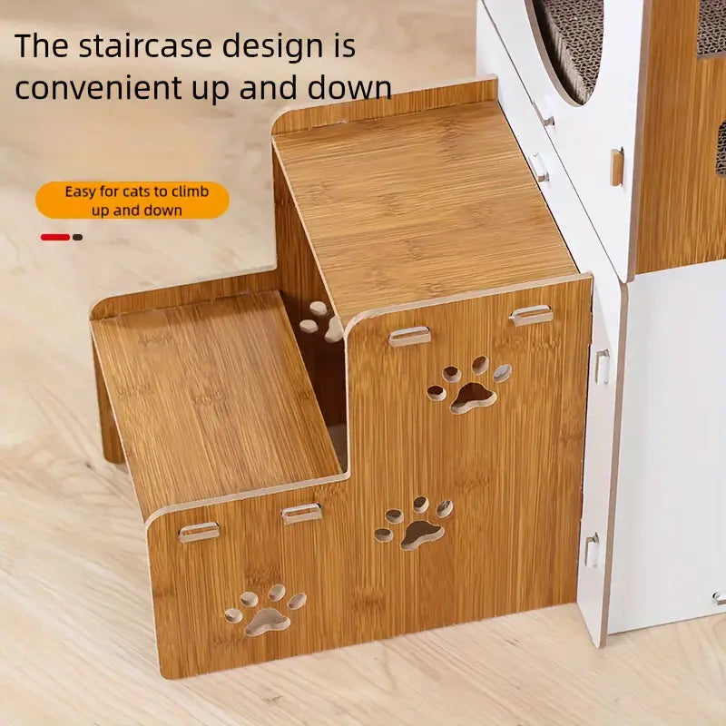 Villa-Style Cat Scratcher Cardboard House - Plaid Pattern-1