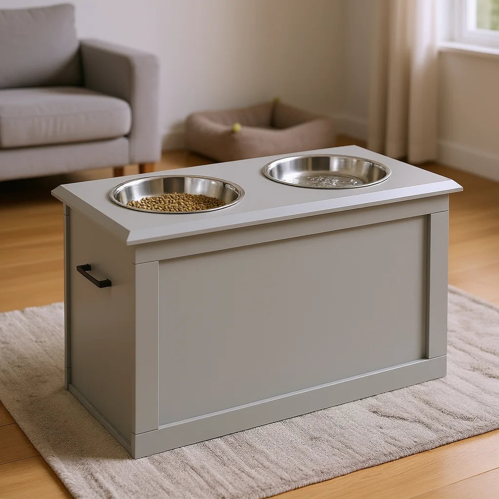 Gray Raised Dog Feeding Station With 2 Stainless Steel Bowls Storage For Larger Pets Pet Bowls Feeders