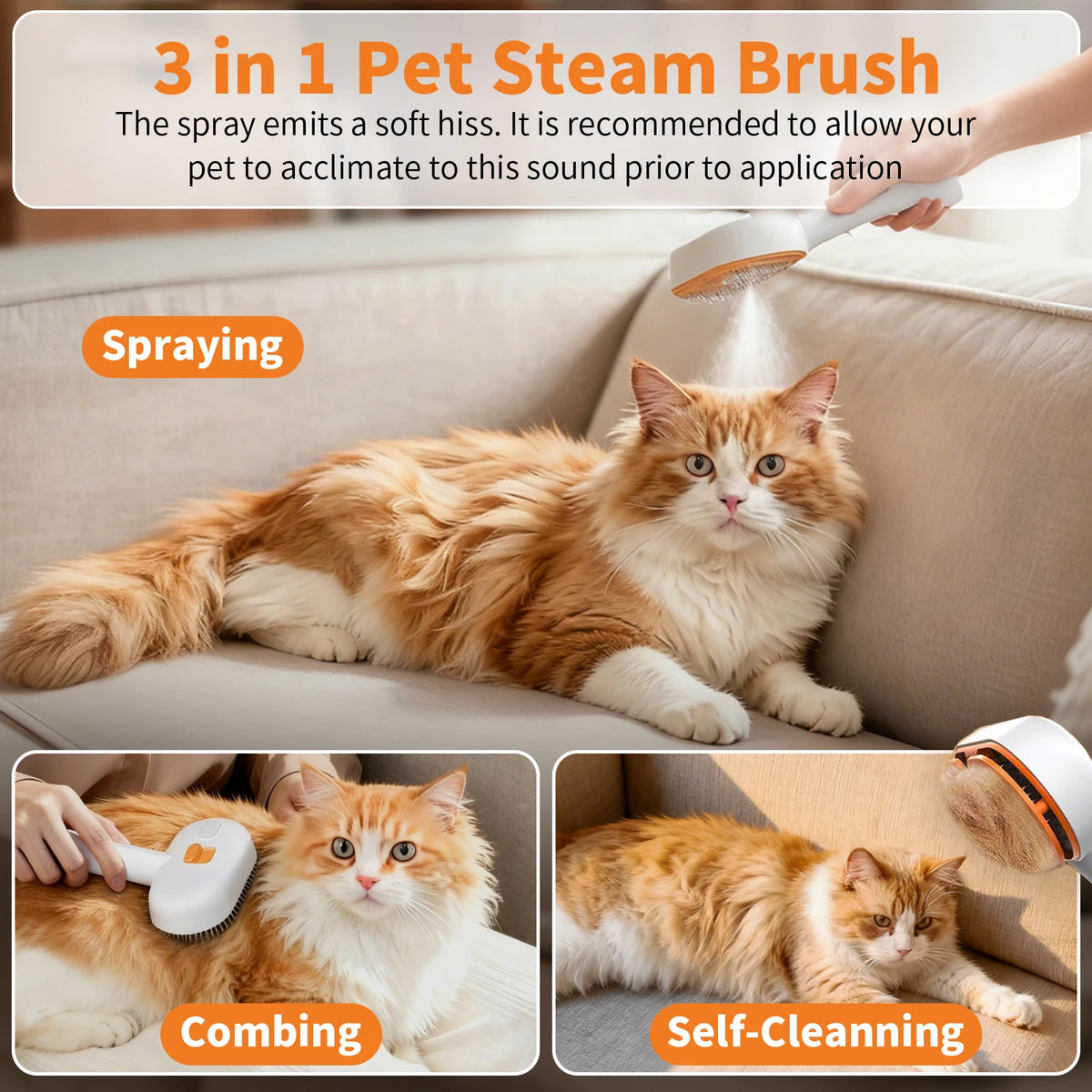 3-in-1 Stainless Steel Electronic Steam Brush Portable Useful Water-Sprayed Dematting Comb for Short Long-Haired Pets Dogs Cats