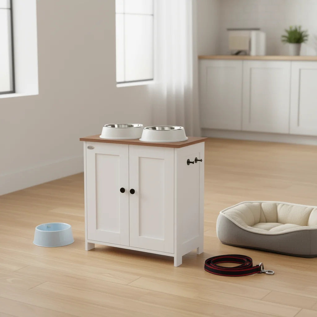 Pet Feeding Station White Wood Raised Adjustable Bowls Storage Panel Hooks Medium Dogs