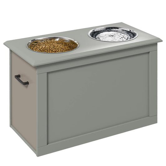 Gray Raised Dog Feeding Station With 2 Stainless Steel Bowls Storage For Larger Pets Pet Bowls Feeders