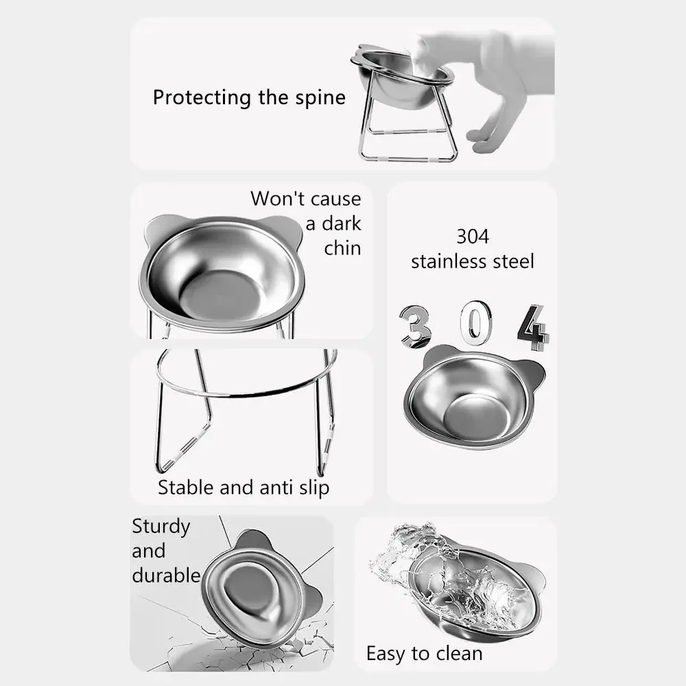 Raised Cat Bowls Tilted Neck Guard Cat Food Bowl 304 Stainless Steel Shatter-resistant Elevated 15° Pet Supplies for Puppy Cat