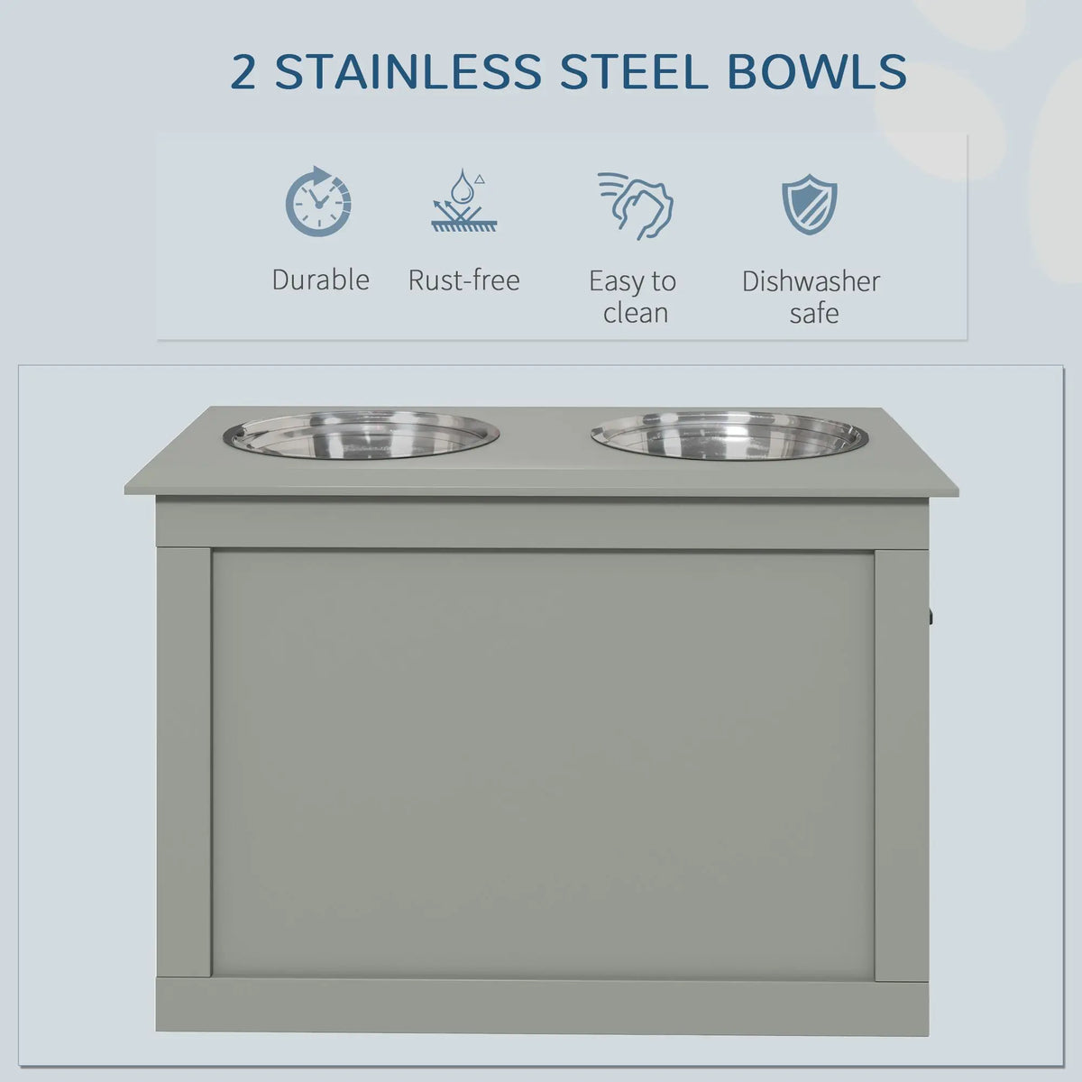 Gray Raised Dog Feeding Station With 2 Stainless Steel Bowls Storage For Larger Pets Pet Bowls Feeders