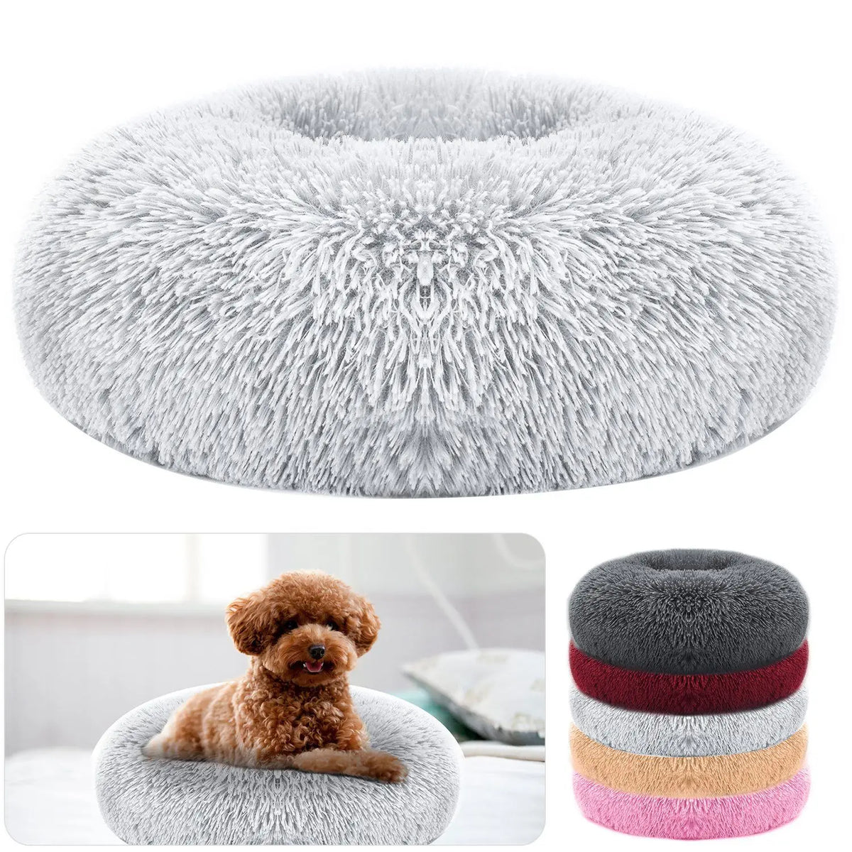 Soft Fleece Pet Bed Round Large Size Cozy Nest for Dogs Cats Indoor Use Removable Washable Faux Fur Fill Gray