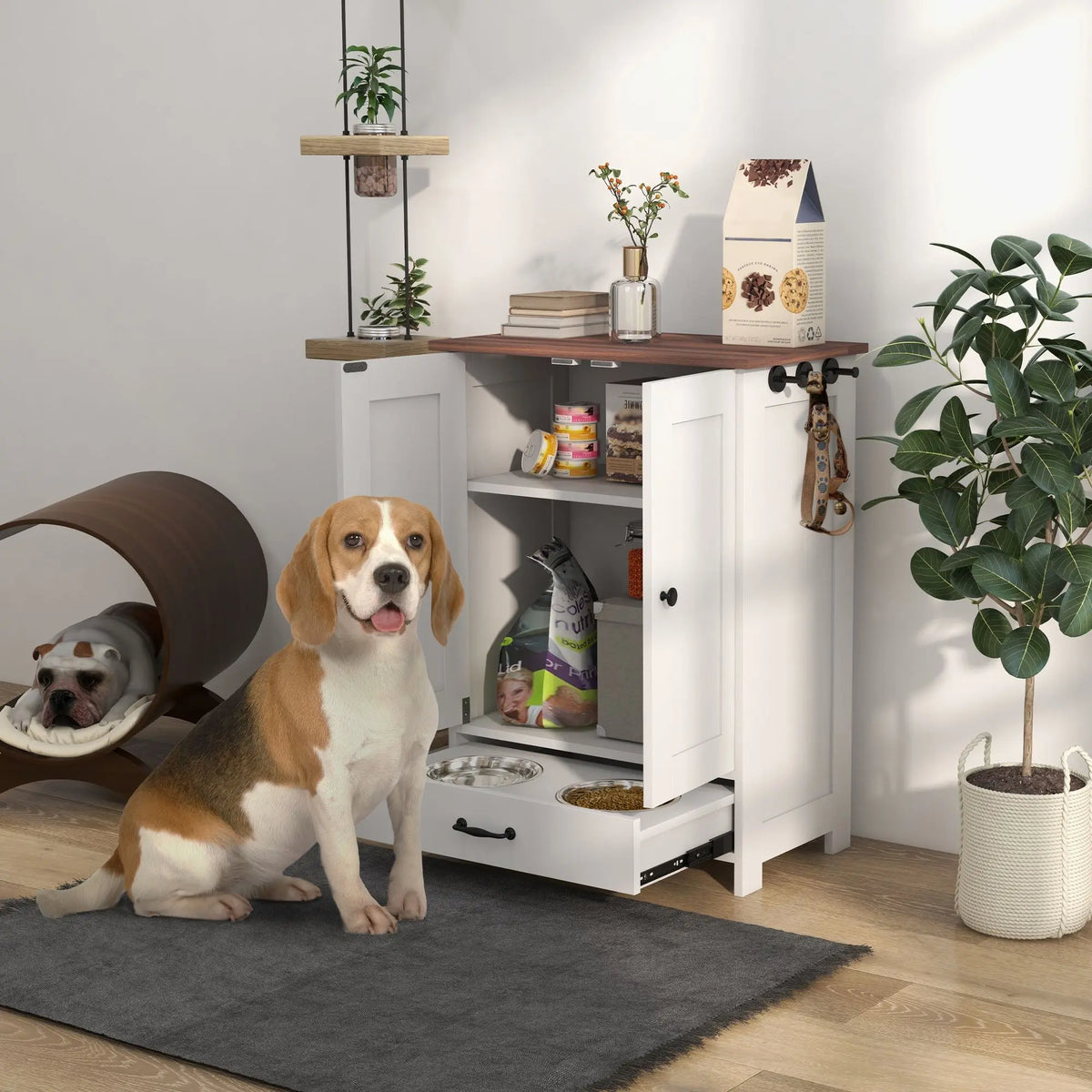 Pet Feeding Station White Wood Raised Adjustable Bowls Storage Panel Hooks Medium Dogs