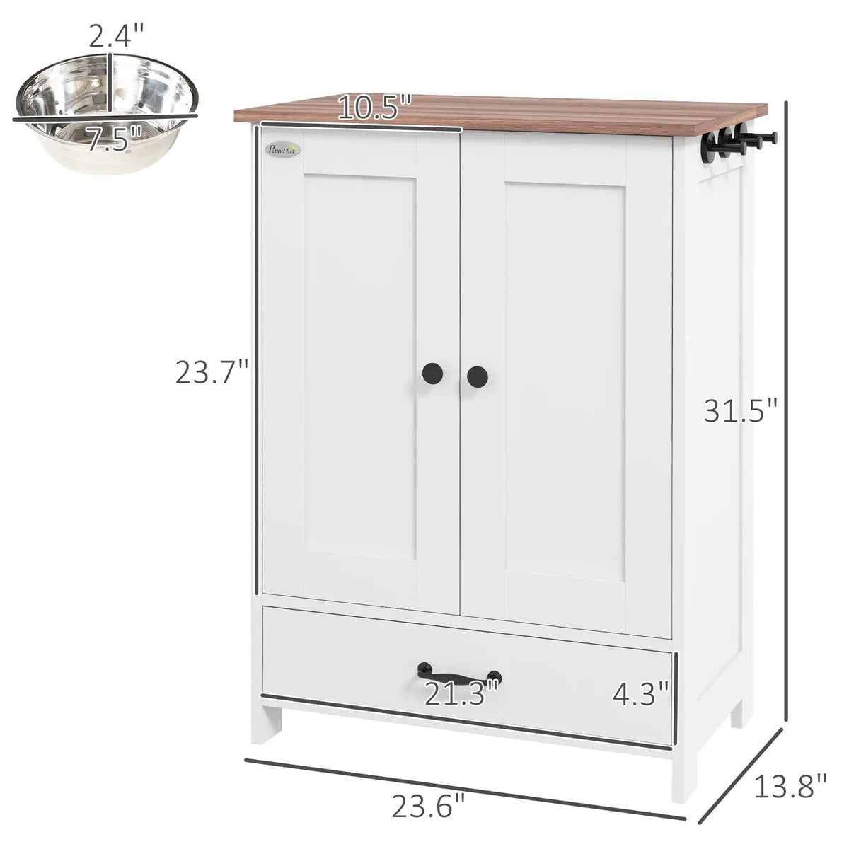 Pet Feeding Station White Wood Raised Adjustable Bowls Storage Panel Hooks Medium Dogs