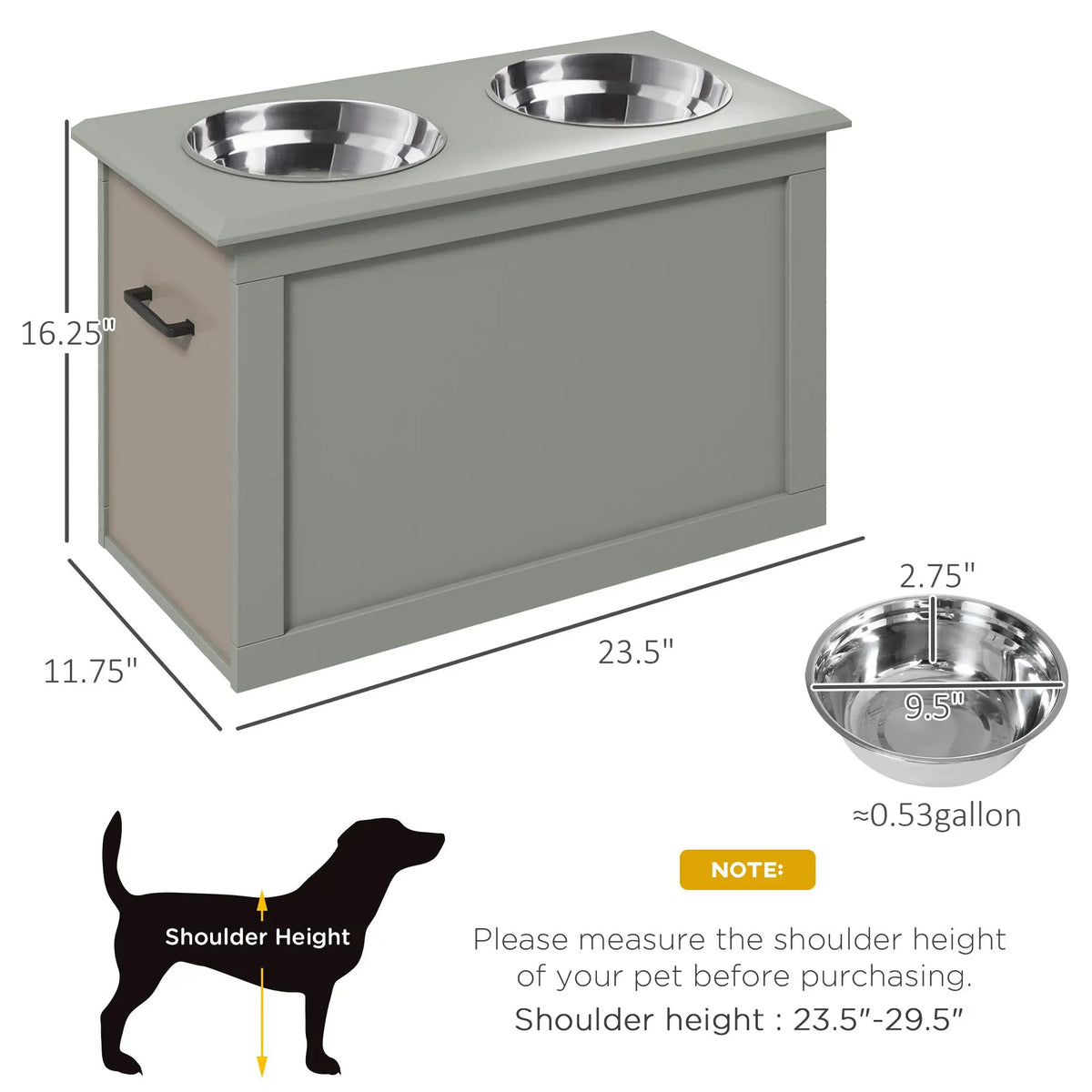 Gray Raised Dog Feeding Station With 2 Stainless Steel Bowls Storage For Larger Pets Pet Bowls Feeders