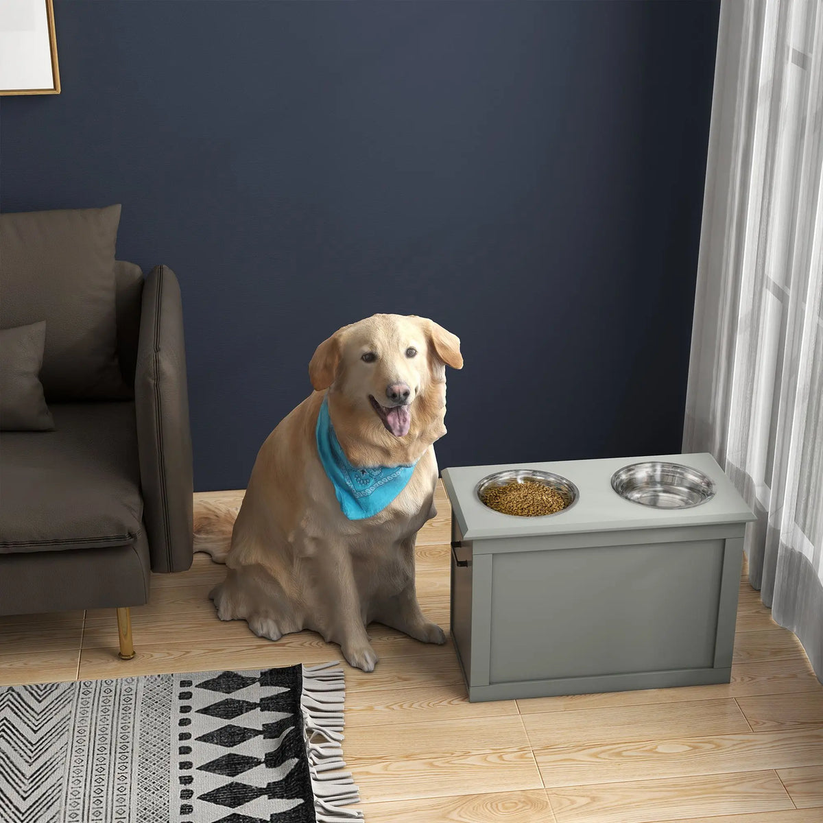 Gray Raised Dog Feeding Station With 2 Stainless Steel Bowls Storage For Larger Pets Pet Bowls Feeders